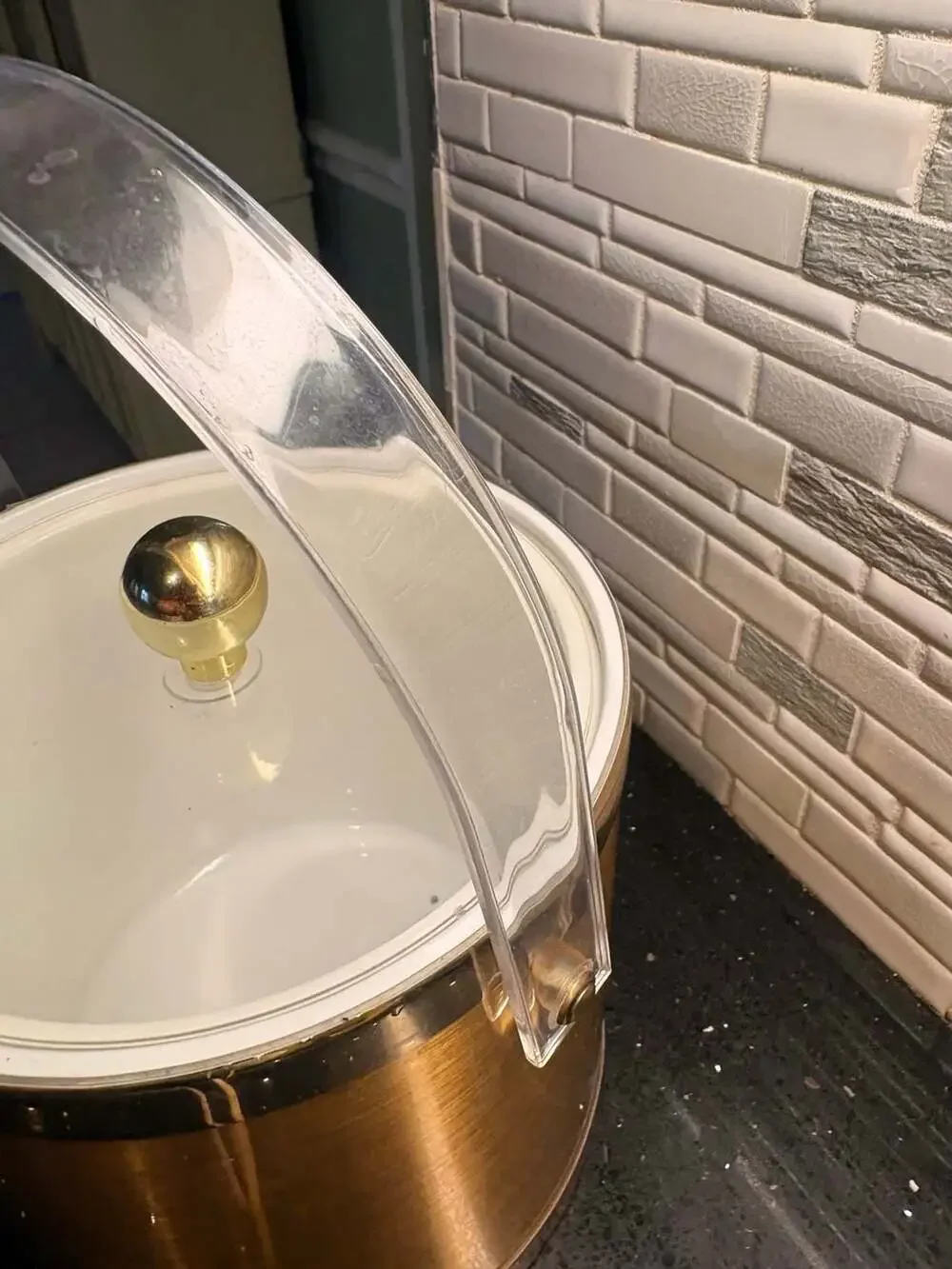 Vintage Brushed Gold Ice Bucket with Lucite Handle and Gold Tone Ball Knob